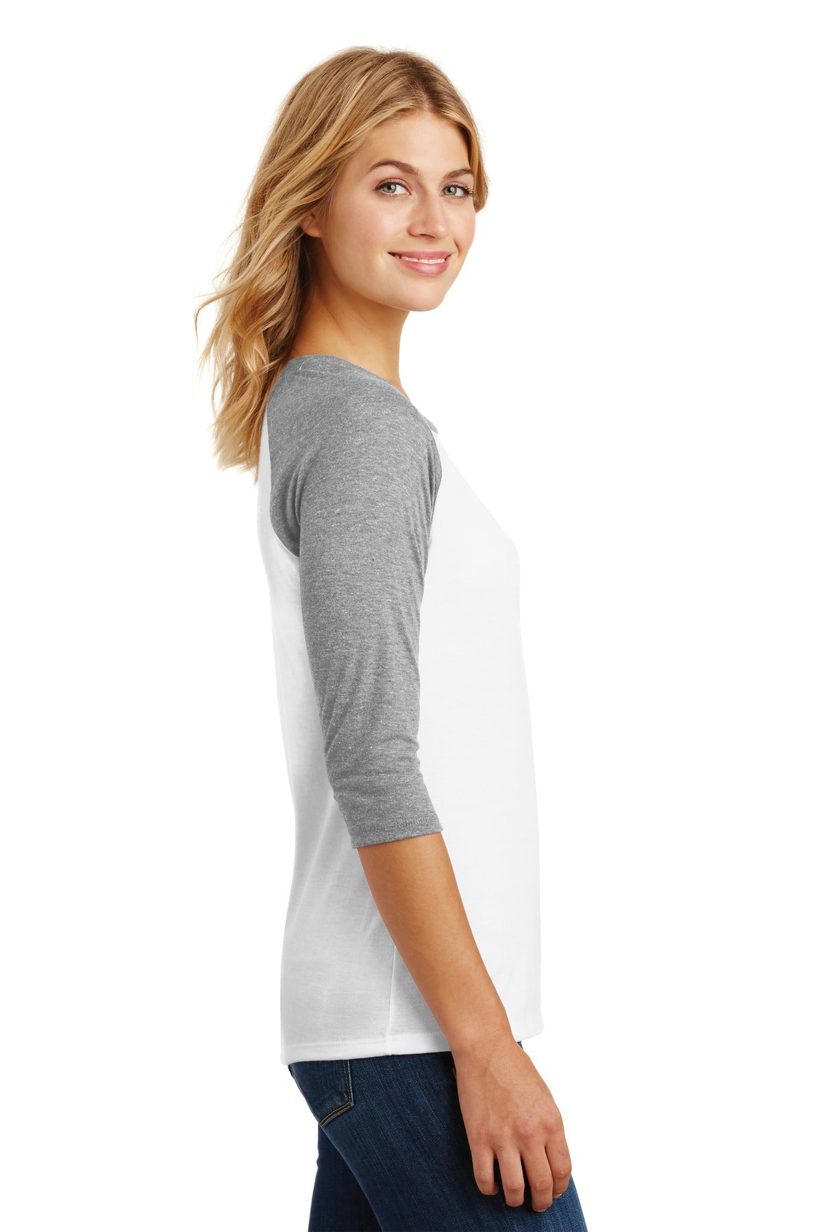 District Women's Perfect Tri 3/4-Sleeve Raglan. DM136L