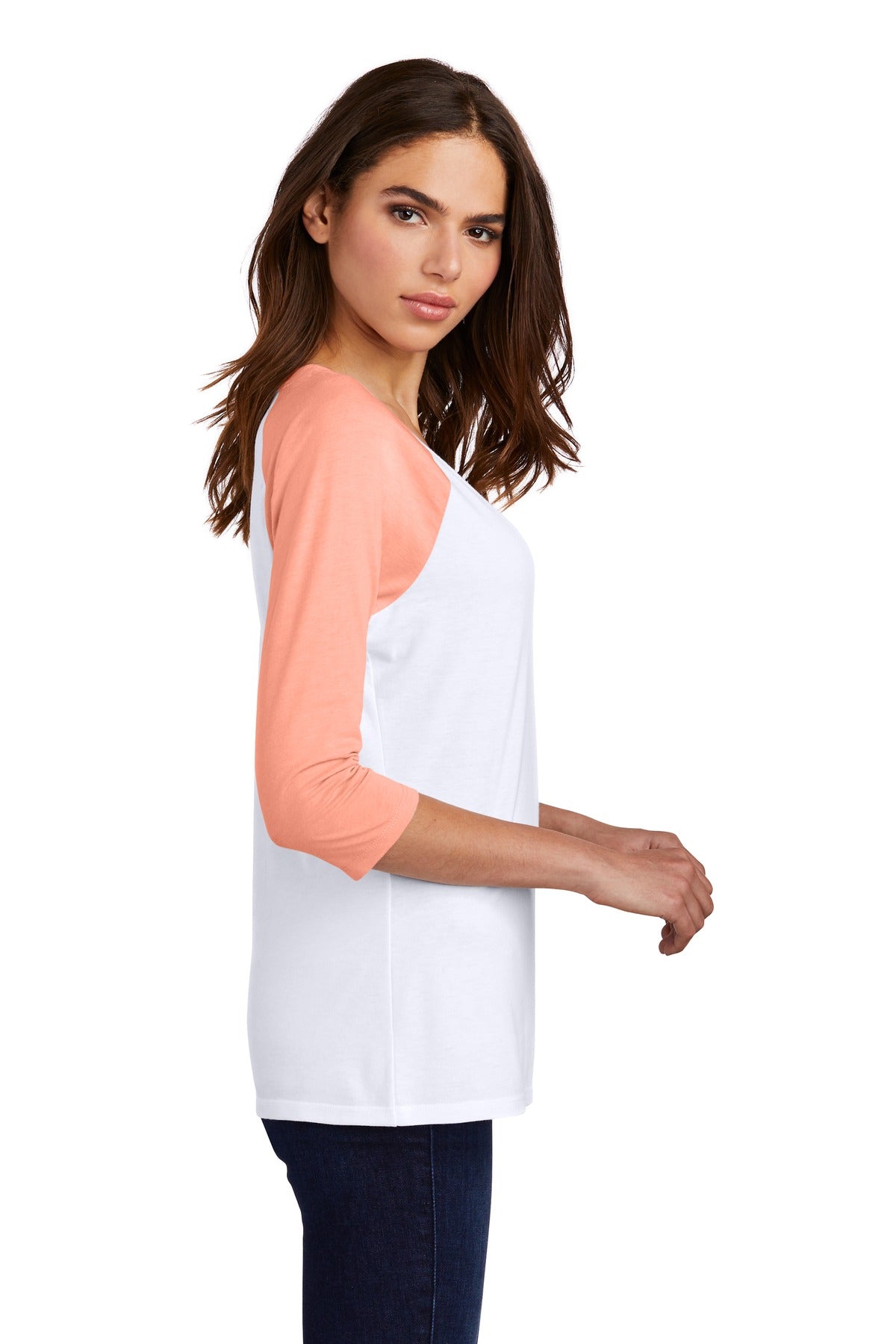 District Women's Perfect Tri 3/4-Sleeve Raglan. DM136L
